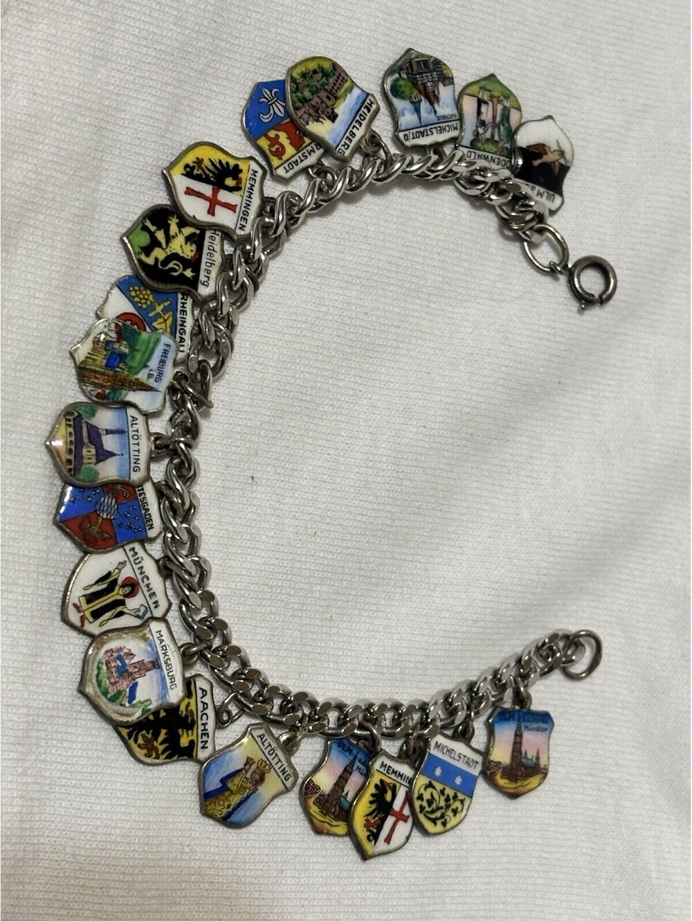 Vtg German Sterling Silver Enamel Travel Charm Bracelet City Coat of Arms
